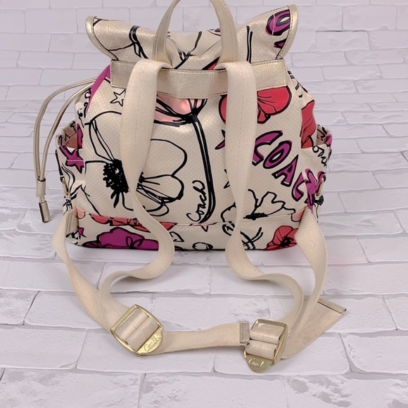 Coach Poppy Floral Fabric backpack Gold pink Medium Drawstring Adjustable Rare - Picture 5 of 17